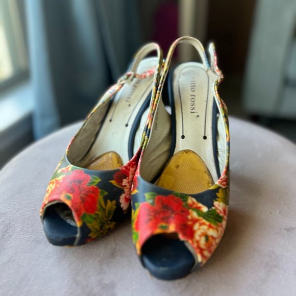Leather Floral Open Toe Slingback Heels Size 36 (US 5.5) - Picture 1 of 9